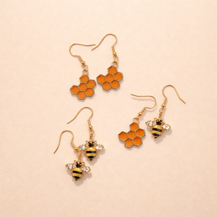 Gold Bee & Honeycomb Crystal Earrings