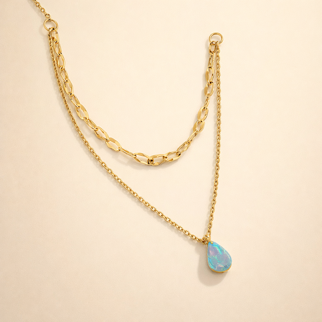 Blue Opal Drop Layered Necklace