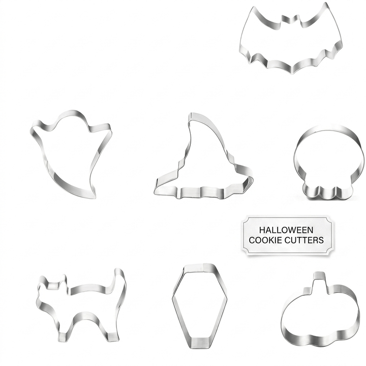 Halloween Stainless Steel Cookie Cutters Set with 7 Shapes Including Bat Ghost Pumpkin and Skull