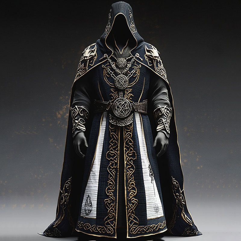 Men's black hooded medieval cloak with Celtic embroidery, Halloween costume
