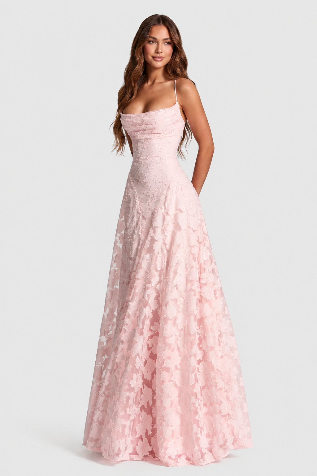 Raised 3D floral lace A-line midi-maxi dress with draped neckline