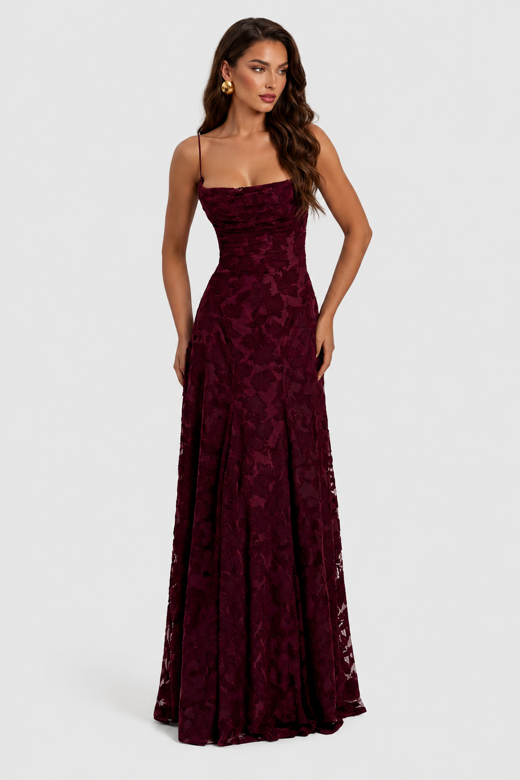 Raised 3D floral lace A-line midi-maxi dress with draped neckline