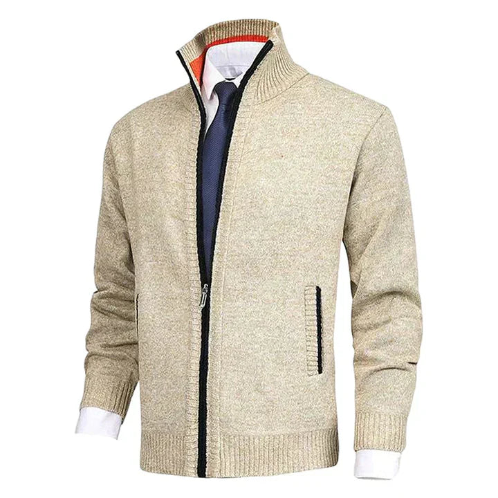 Knitted Zip-Up Cardigan with Collar and Pockets