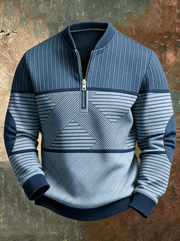 Men's Striped Sweater with Half Zip and Long Sleeves with Ribbed Cuffs