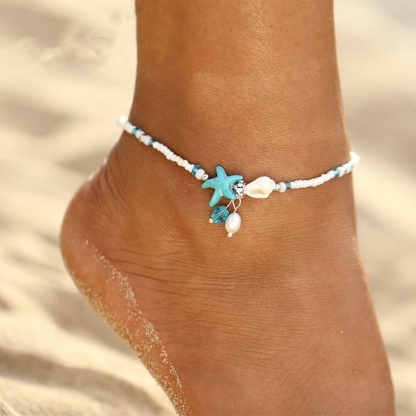 Silver anklet with shell and natural stones