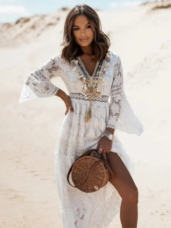 Bohemian Maxi Dress with Lace and Elegant Flared Sleeves