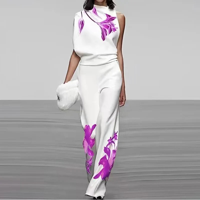 Sleeveless Two-Piece Printed Set with High Collar