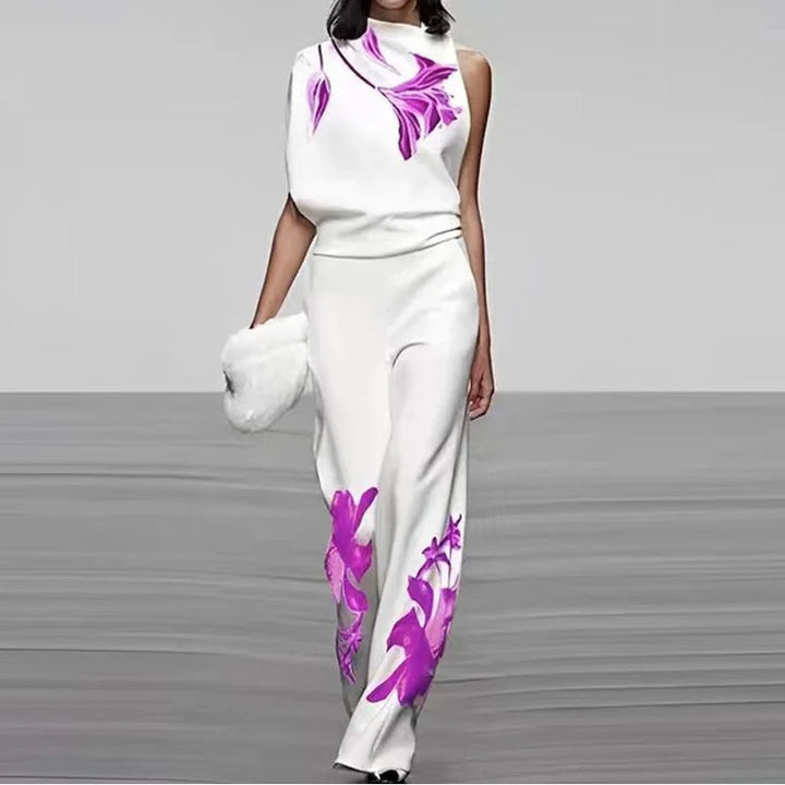 Sleeveless Two-Piece Printed Set with High Collar