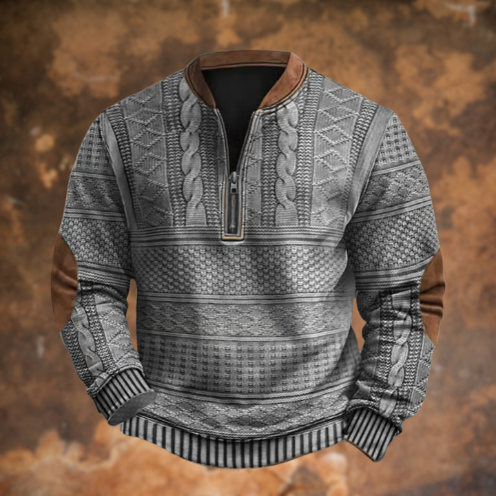 Men's Knitted Sweater with Half Zip and Elbow Patches