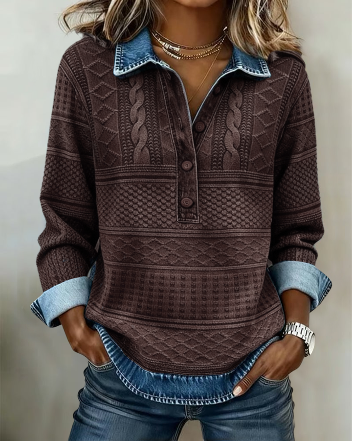 Women's Sweatshirt with Shirt Collar and Patterned Button Placket