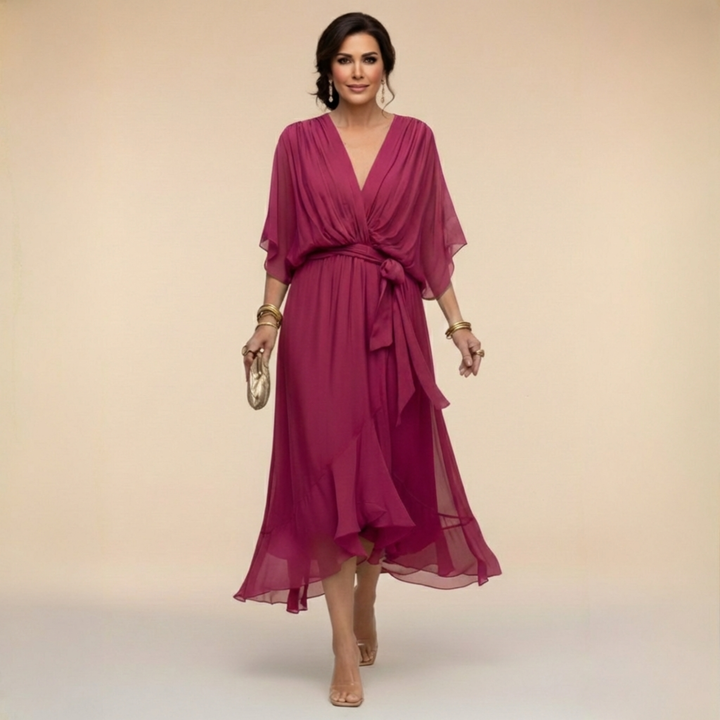 Elegant, flowing women's midi dress – V-neck & adjustable waist