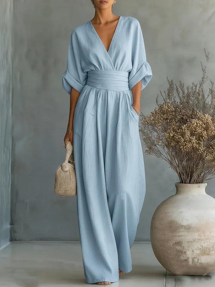 Elegant Women's Jumpsuit with Wide Leg, V-Neck and Flowing Cut