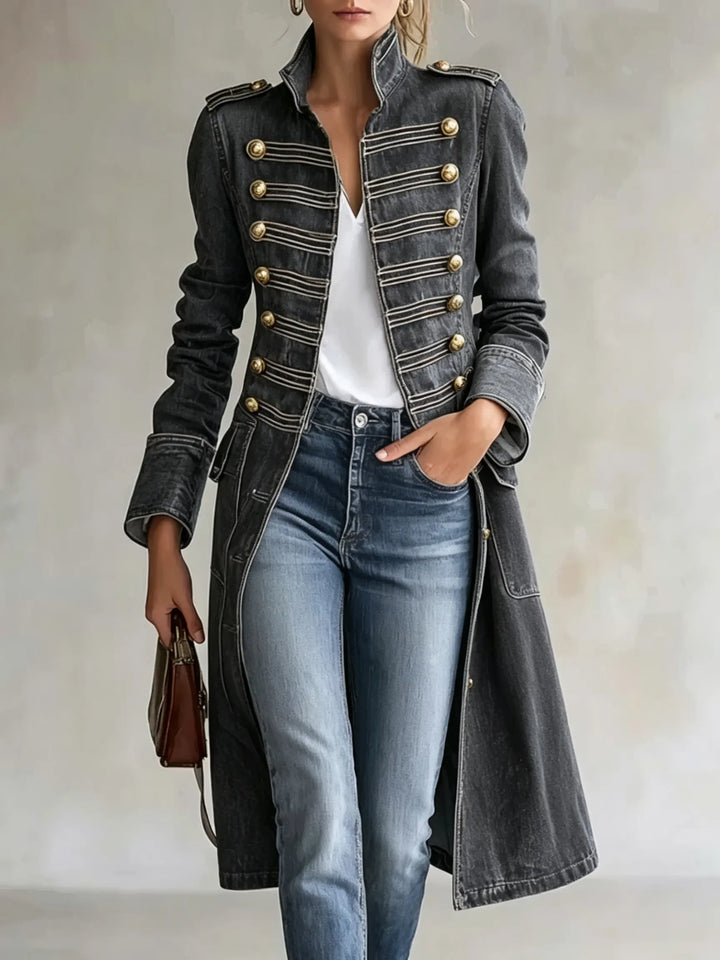 Women's long military-style double-breasted coat with officer collar