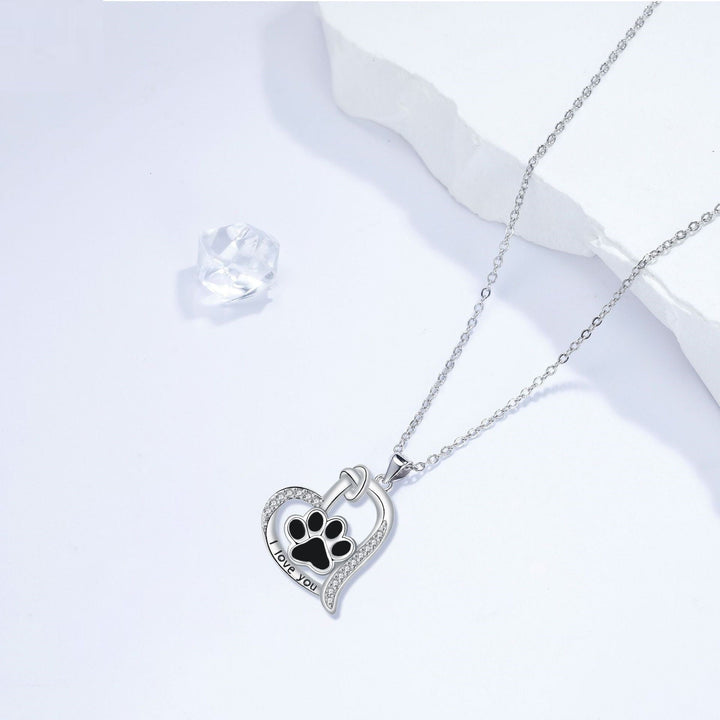 Heart-Shaped Dog Paw Print Necklace with Cubic Zirconia