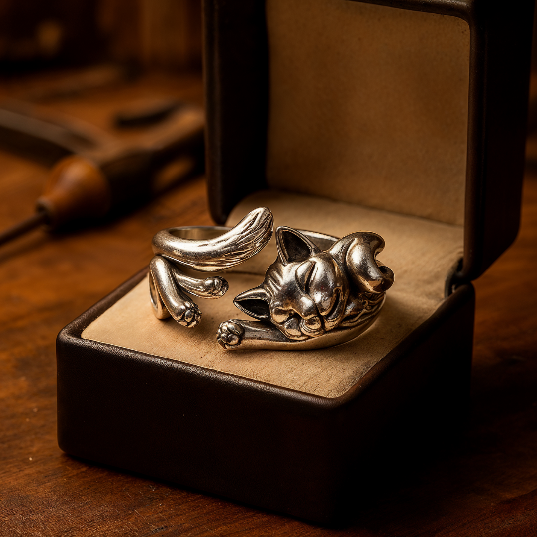 Elegant silver ring with unique cat charm