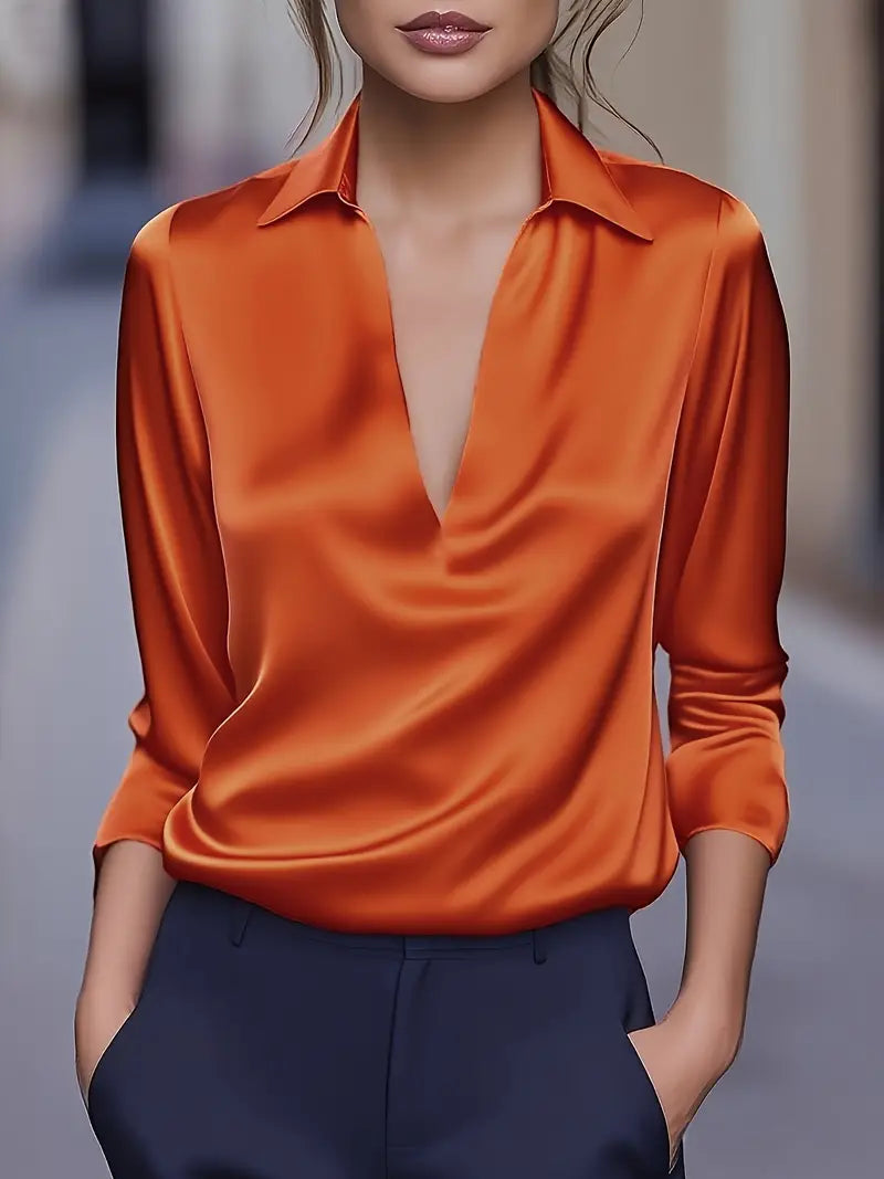 Women's satin blouse with V-neck and draped collar