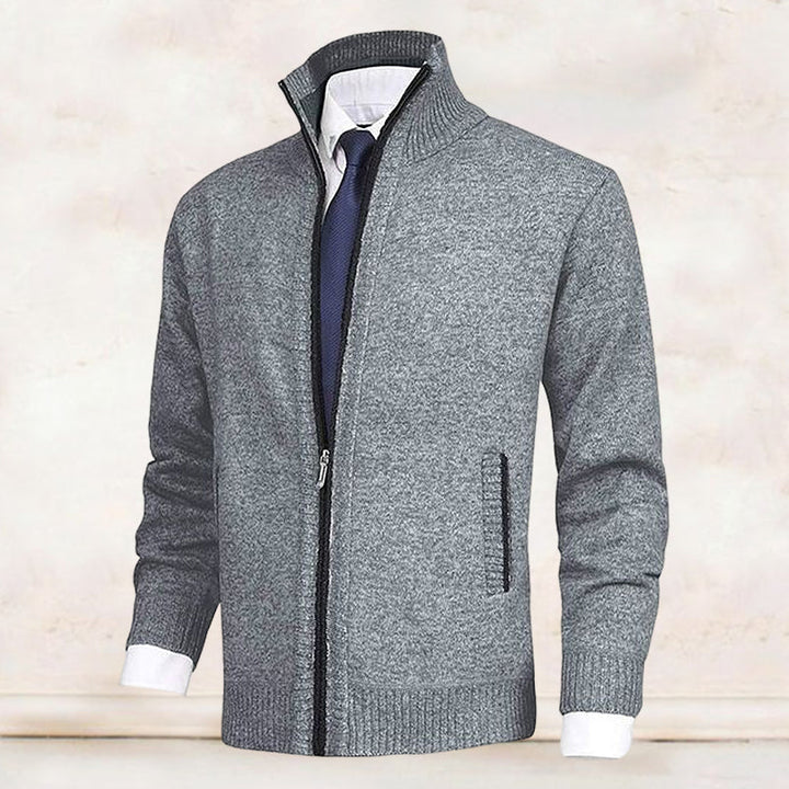 Knitted Zip-Up Cardigan with Collar and Pockets