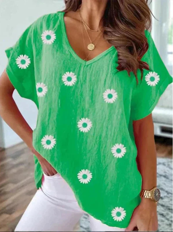 Casual V-Neck T-Shirt with 3D Floral Print
