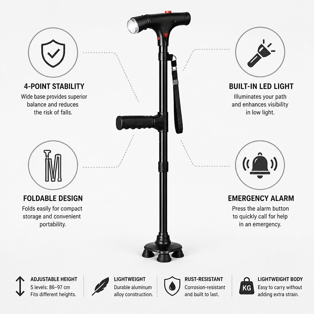 Lightweight Folding Aluminum Walking Stick with 4-Point Base, LED Light and Alarm