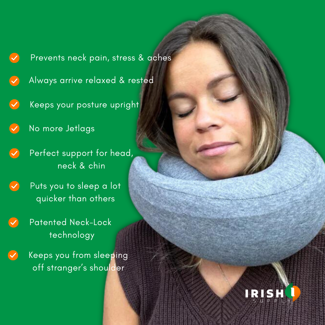 Front-support neck travel pillow with memory foam and fastener for sleeping on a plane