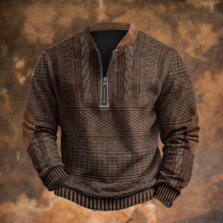 Men's Knitted Sweater with Half Zip and Elbow Patches
