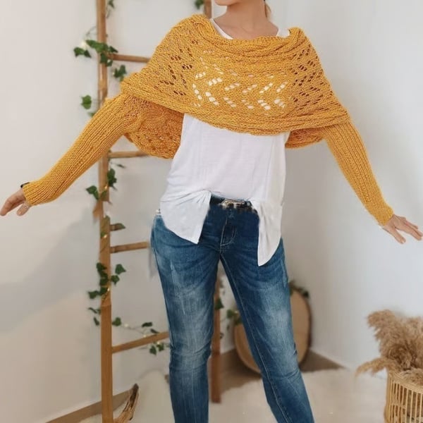 Wrap scarf with double sleeves - cozy knitted scarf with integrated sleeves