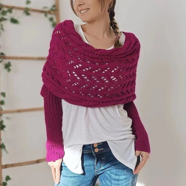 Wrap scarf with double sleeves - cozy knitted scarf with integrated sleeves
