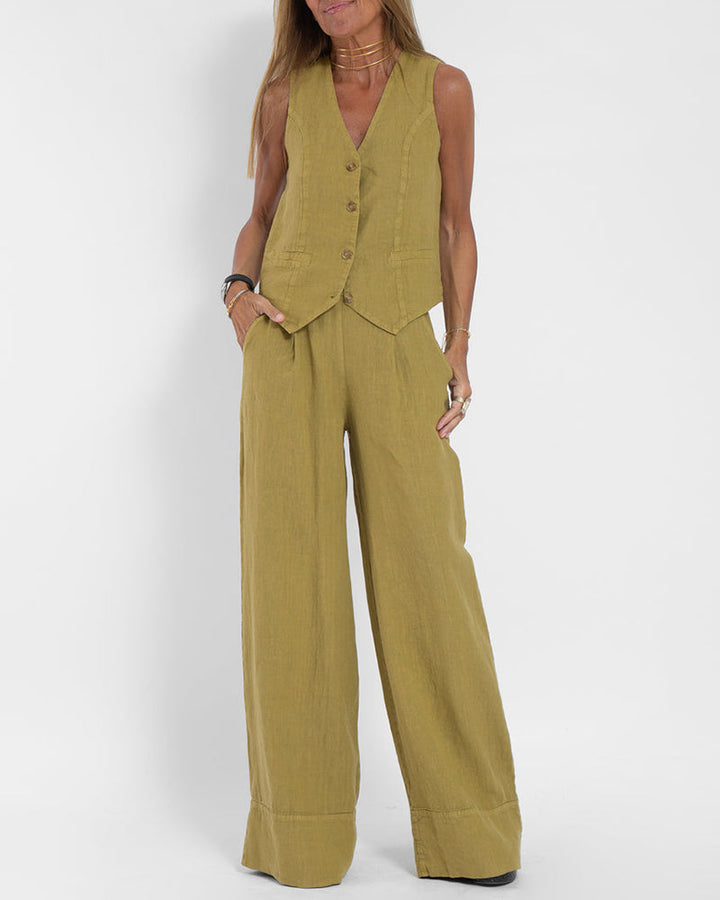 Linen 2-Piece Set with Wide-Leg Pants and Waistcoat – Alma