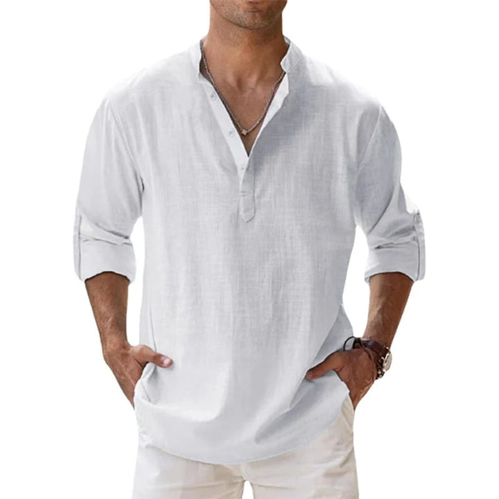 Men's Linen Henley Shirt, Relaxed Button-Placket Top for Summer