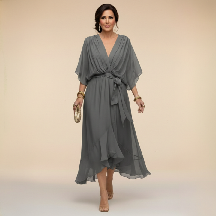 Elegant, flowing women's midi dress – V-neck & adjustable waist