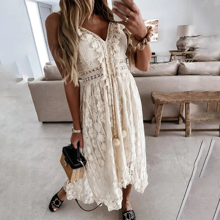 BreezeCharm – Boho Lace Tie Dress with Tassels
