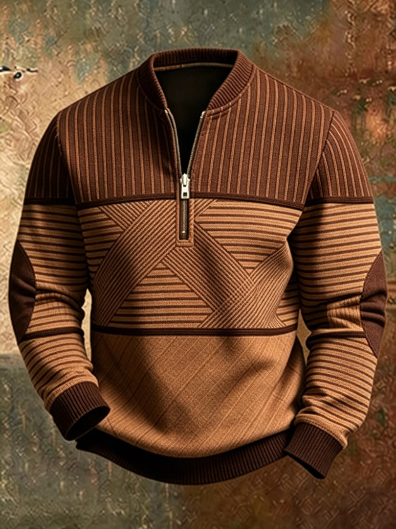 Men's Striped Sweater with Half Zip and Long Sleeves with Ribbed Cuffs