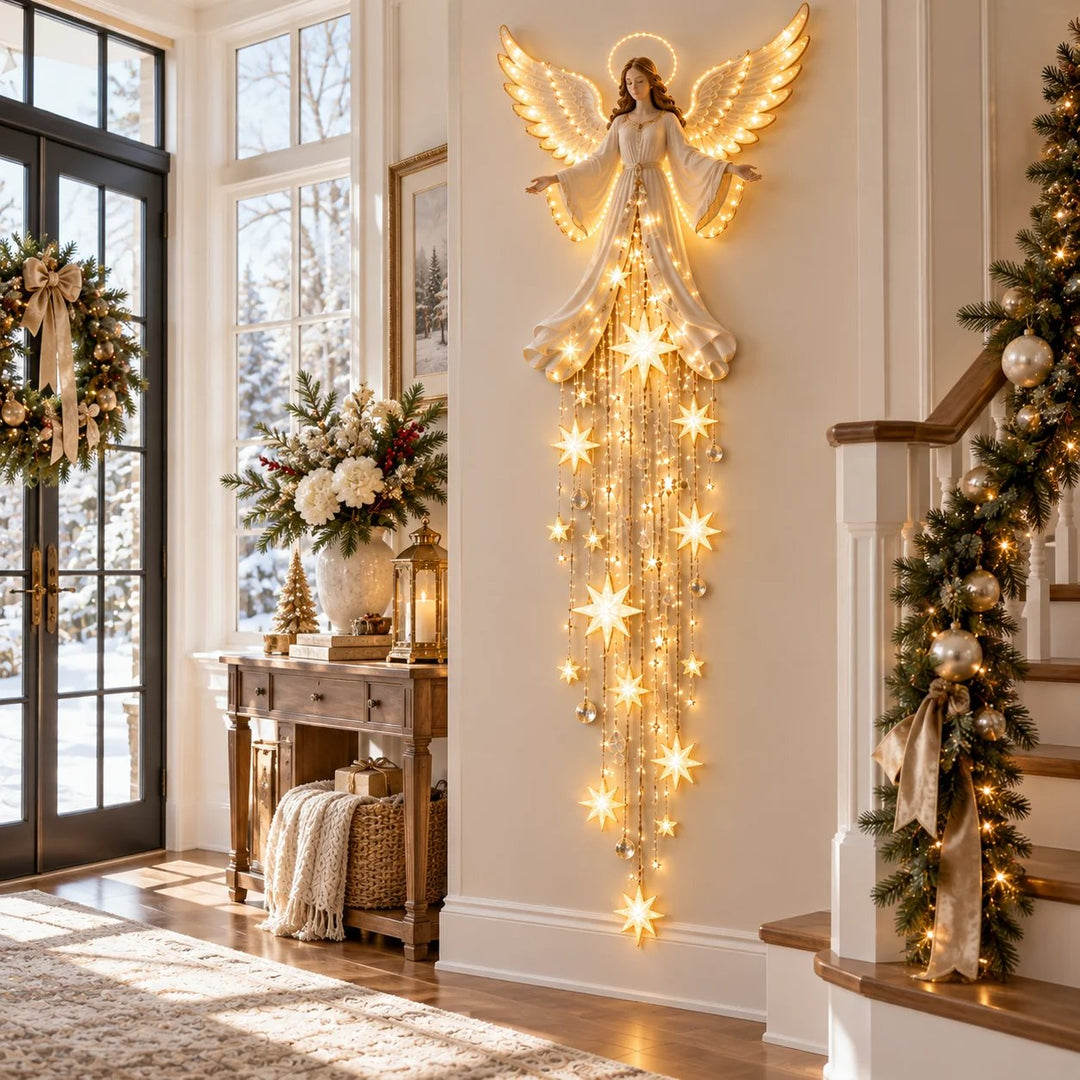 Christmas angel wall lamp with halo and falling stars, warm white