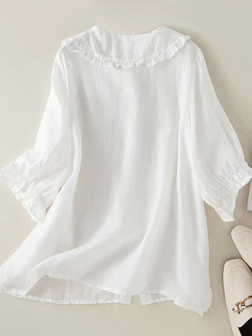 Women's Cotton Linen Loose Peter Pan Ruffle Neck Shirt
