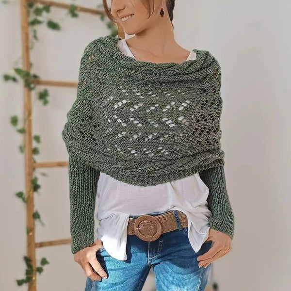 Wrap scarf with double sleeves - cozy knitted scarf with integrated sleeves