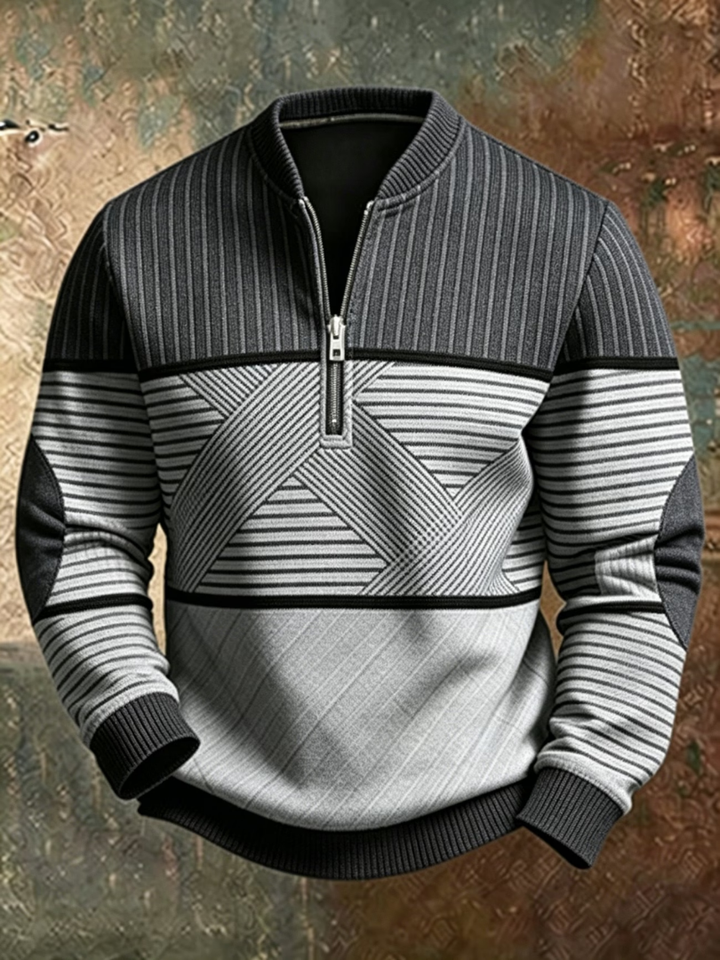Men's Striped Sweater with Half Zip and Long Sleeves with Ribbed Cuffs