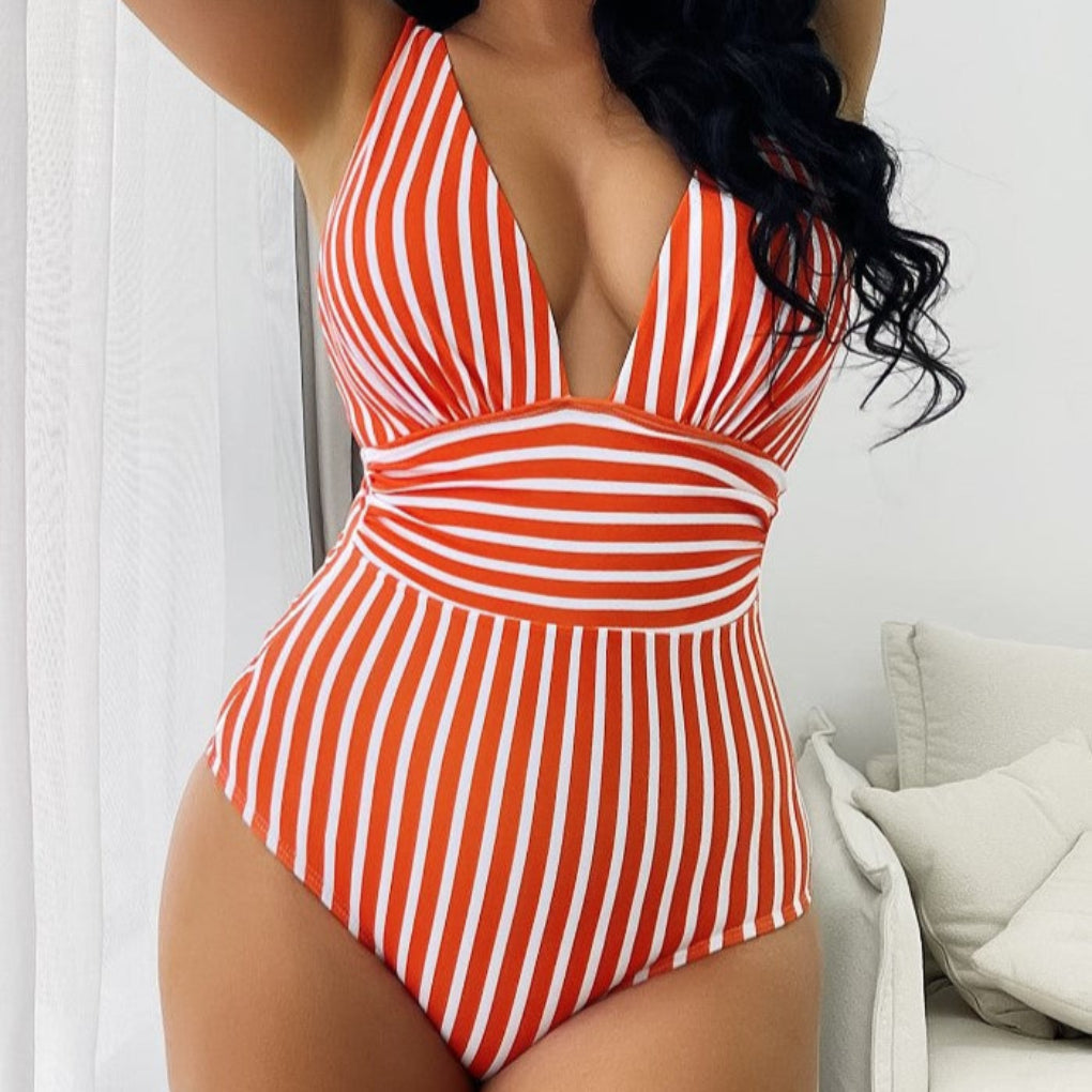 Halter Neck Striped One Piece Swimsuit for Women