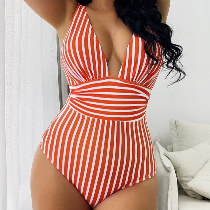 Halter Neck Striped One Piece Swimsuit for Women