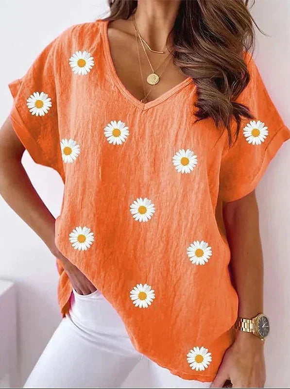 Casual V-Neck T-Shirt with 3D Floral Print