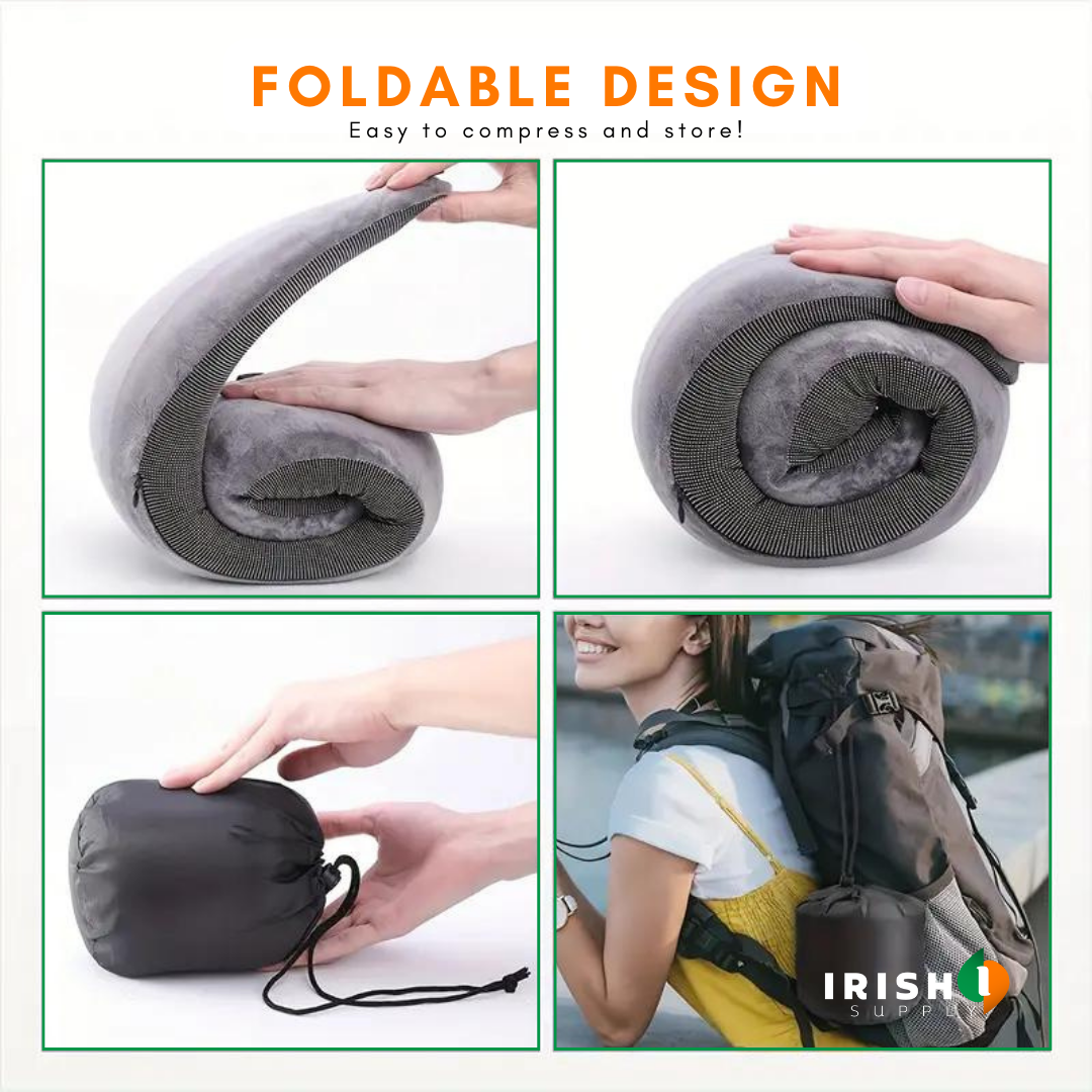Front-support neck travel pillow with memory foam and fastener for sleeping on a plane