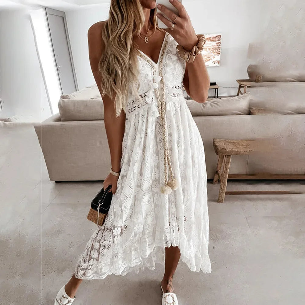 BreezeCharm – Boho Lace Tie Dress with Tassels