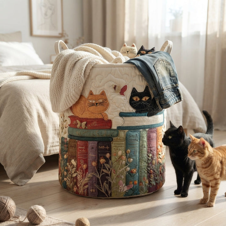 Quilted laundry basket with cat pattern, foldable fabric laundry basket with handles