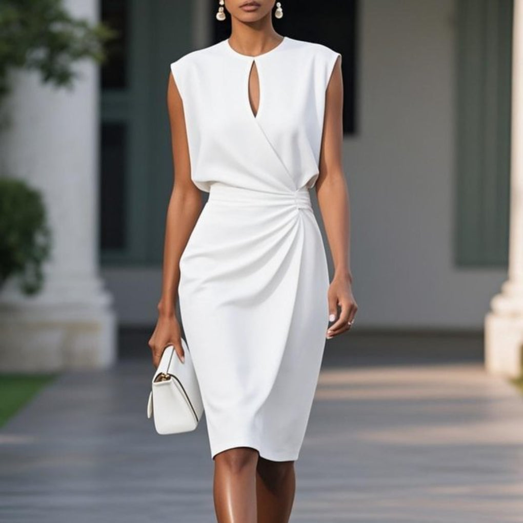 Women's Retro Elegant Solid Color Cross Front Knotted Round Neck Hollow Out Dress - Lightweight Summer Casual A-Line Midi Dress Party Dresses