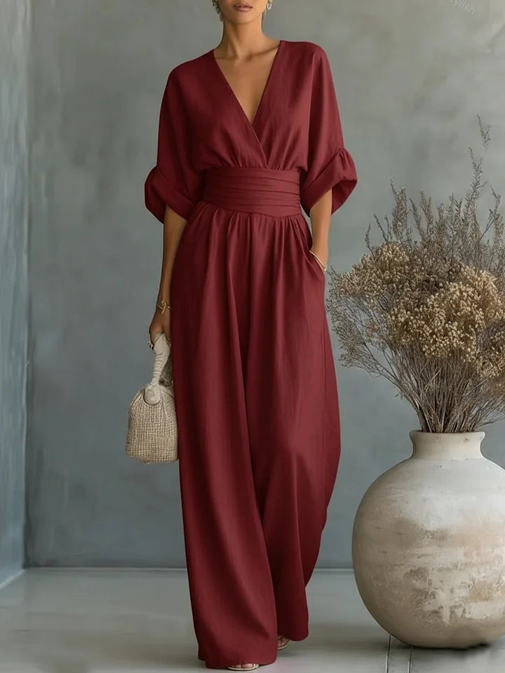 Elegant Women's Jumpsuit with V-Neck and Wide-Leg High Waist