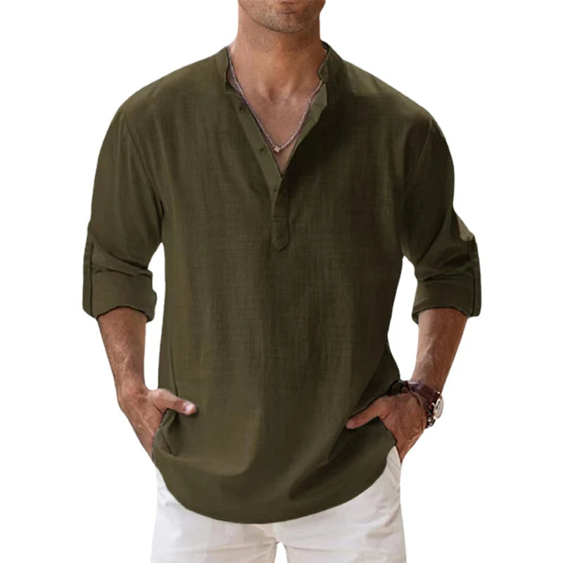 Men's Linen Henley Shirt, Relaxed Button-Placket Top for Summer