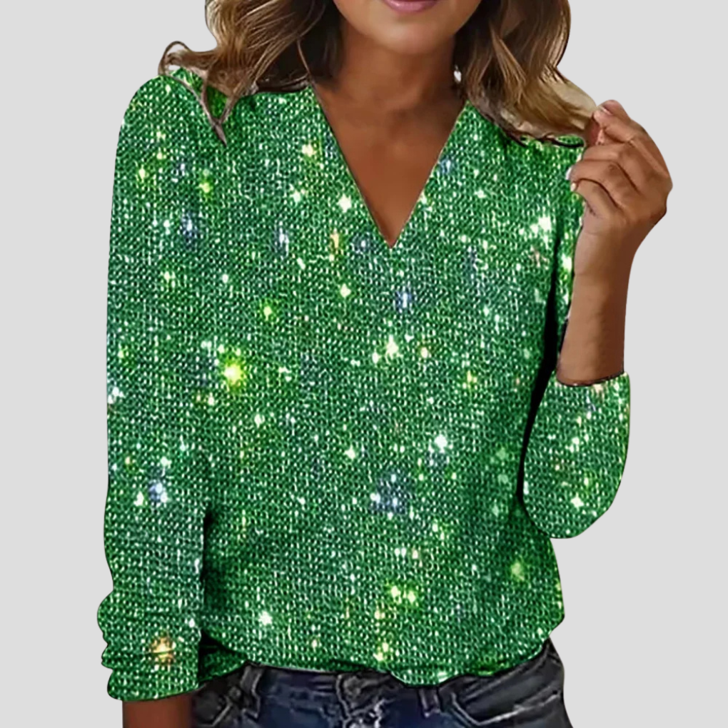 Elegant V Neck Glitter Blouse with Long Sleeves