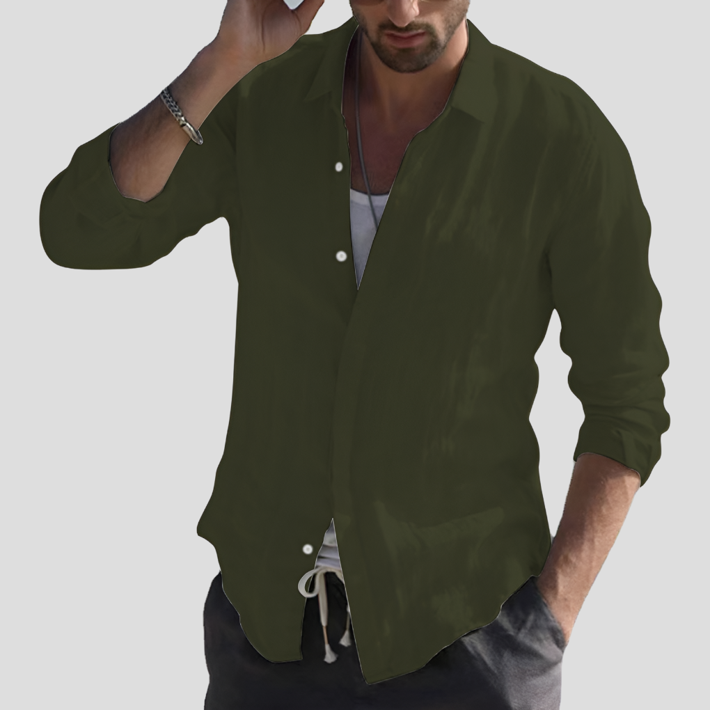 Vintage Solid Linen Shirt with Turn-Down Collar