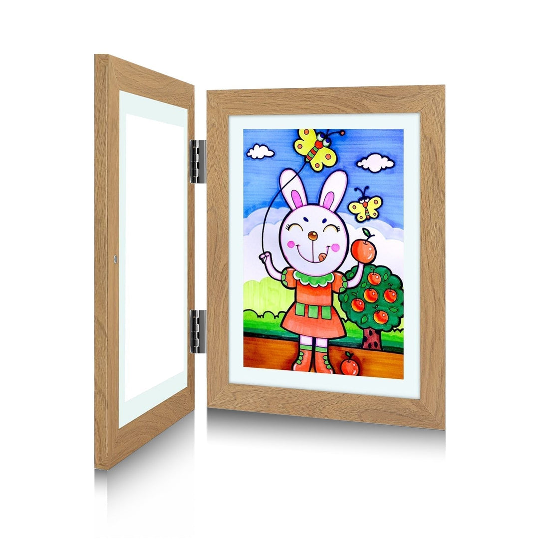 Children's picture frame with hinged opening for A4 drawings, holds up to 150 pieces, MDF and tempered glass