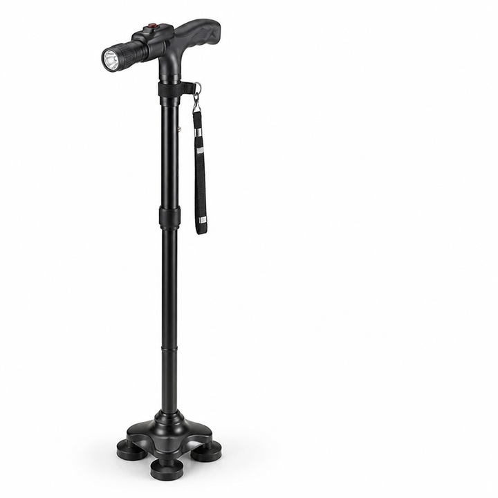 Lightweight Folding Aluminum Walking Stick with 4-Point Base, LED Light and Alarm