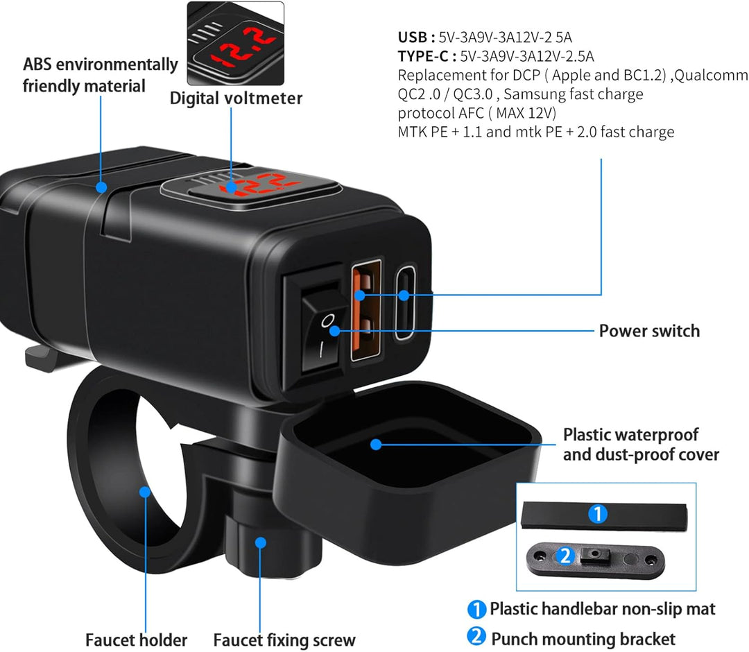 Motorbike USB and Type-C fast charger with voltmeter – Drayvik